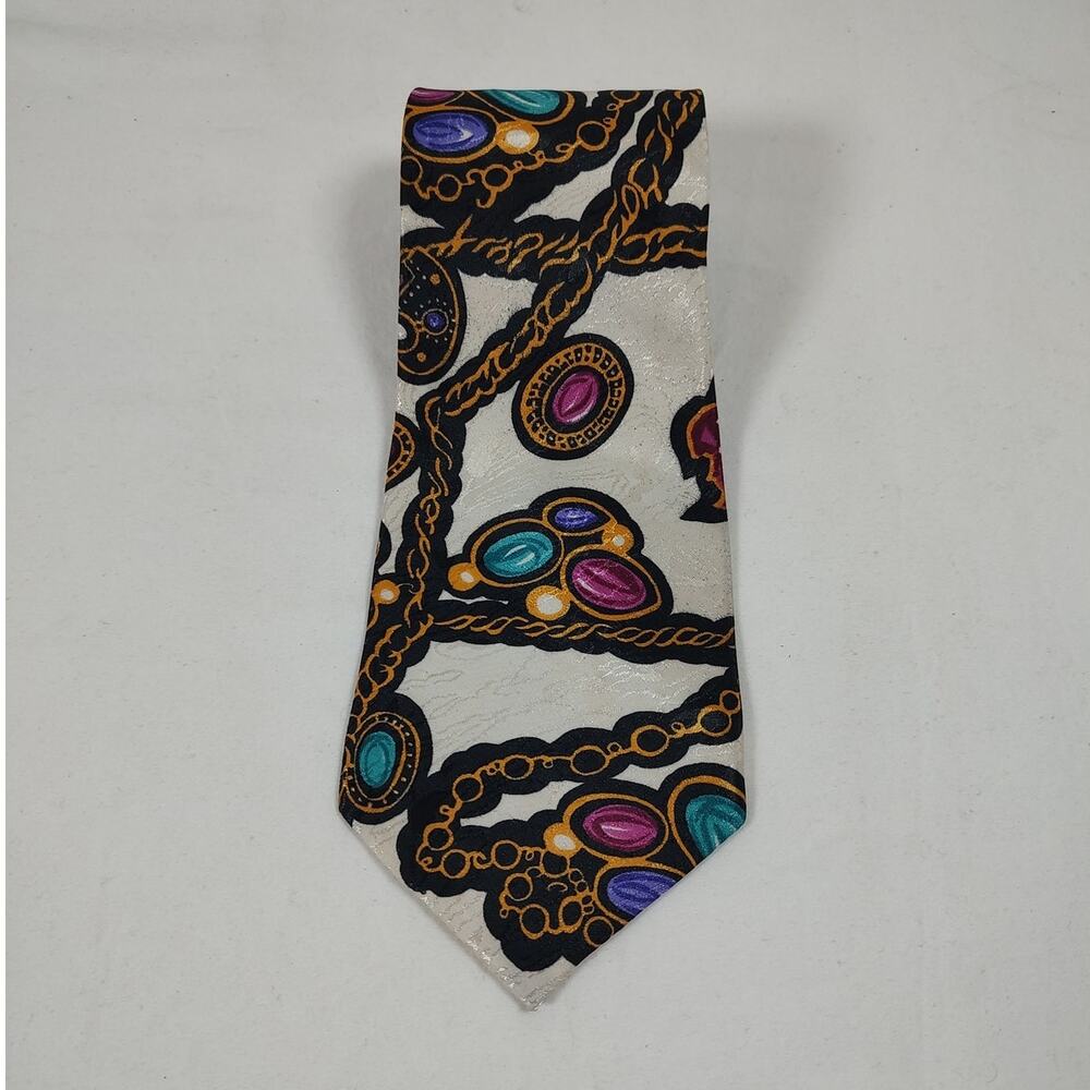 Vintage Calypso St Barth 100% Silk Tie Gold Chain and Jewel Print 90s Boho Retro